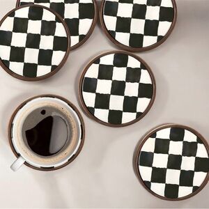 Set of 6 Checkered Ceramic Coaster Set - Black and White, Contemporary, Wood